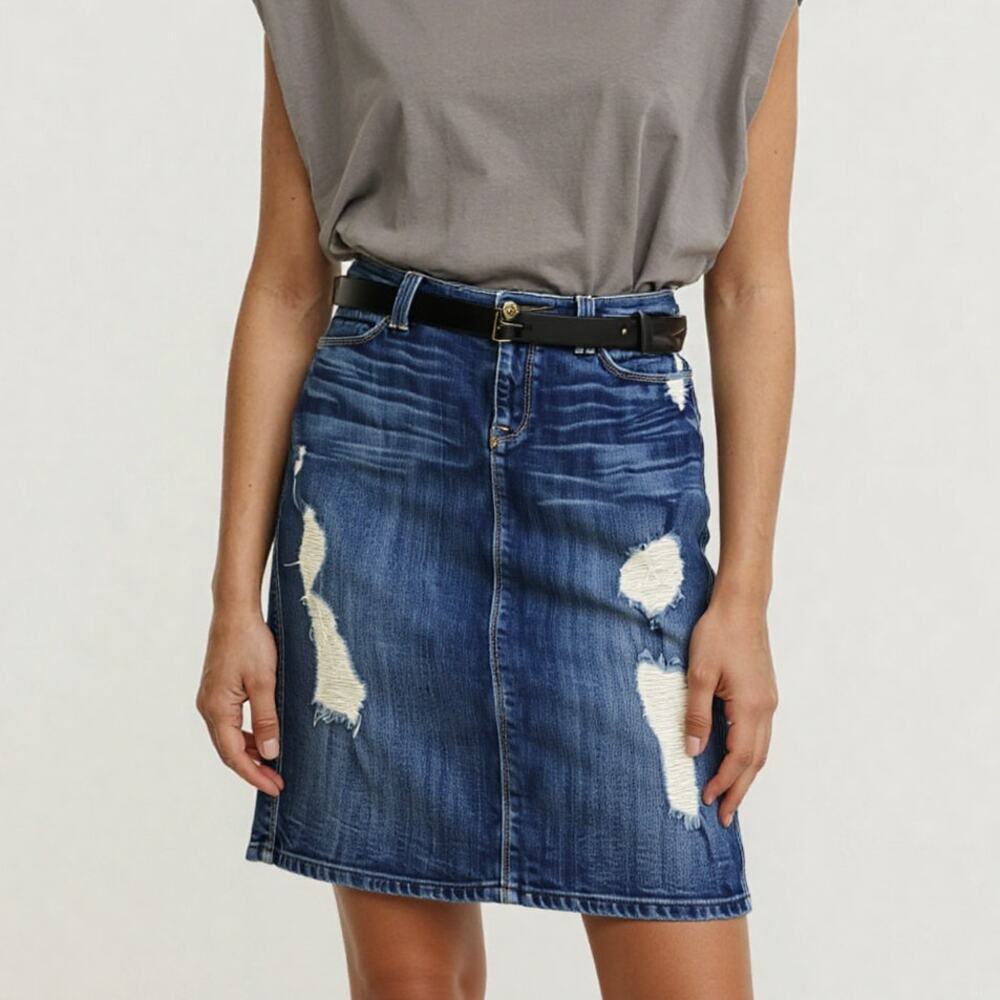 7 FOR ALL MANKIND Distressed Denim Pencil Skirt Size 28 Made In USA